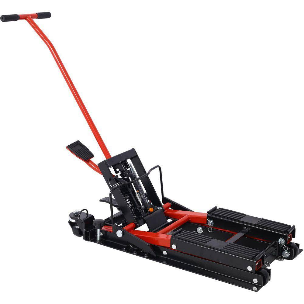1500 LBS Capacity Red Hydraulic ATV & Motorcycle Jack with 4 Wheels, Foot-Operated Hoist Stand, Maximum Lift 15 In. H