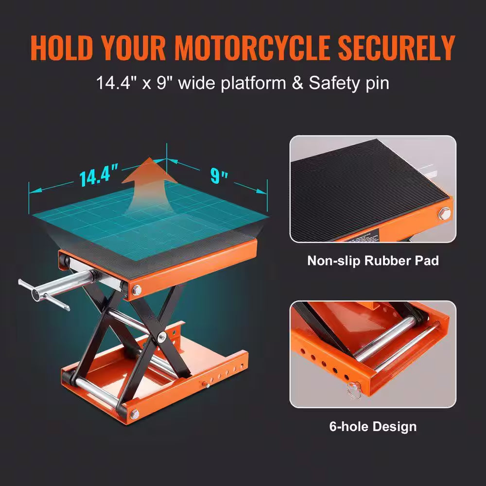 Motorcycle Lift 1100 Lbs. Motorcycle Scissor Lift Jack with Wide Deck and Safety Pin 3.7 In.-13.8 In. Hoist Crank Stand