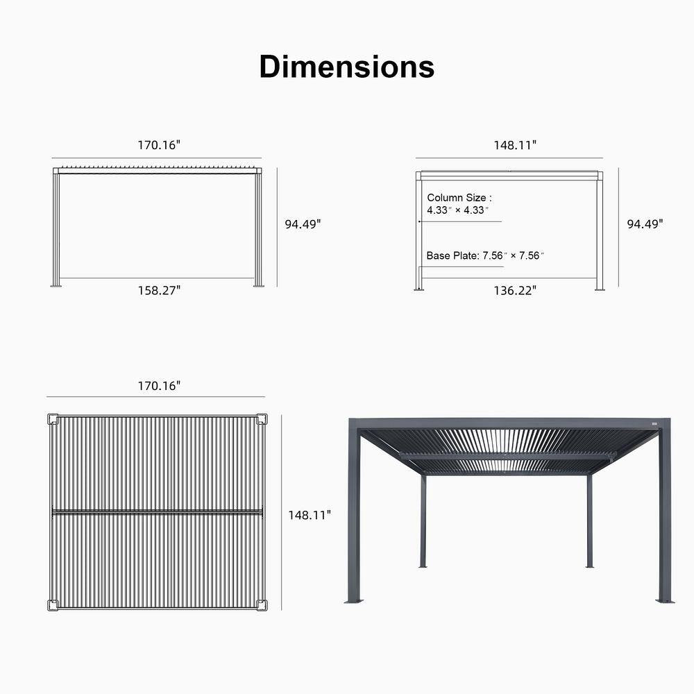 12 Ft. X 14 Ft. Gray Aluminum Frame Louvered Pergola with Adjustable Sunshade Roofs and 1-Long Side Roller Shades