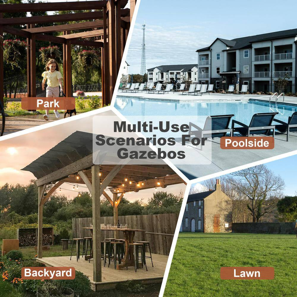 13 Ft. X 6.5 Ft. Brown Wooden Pergola Grill Gazebo with Metal Roof and Bulbs and Bar Counters