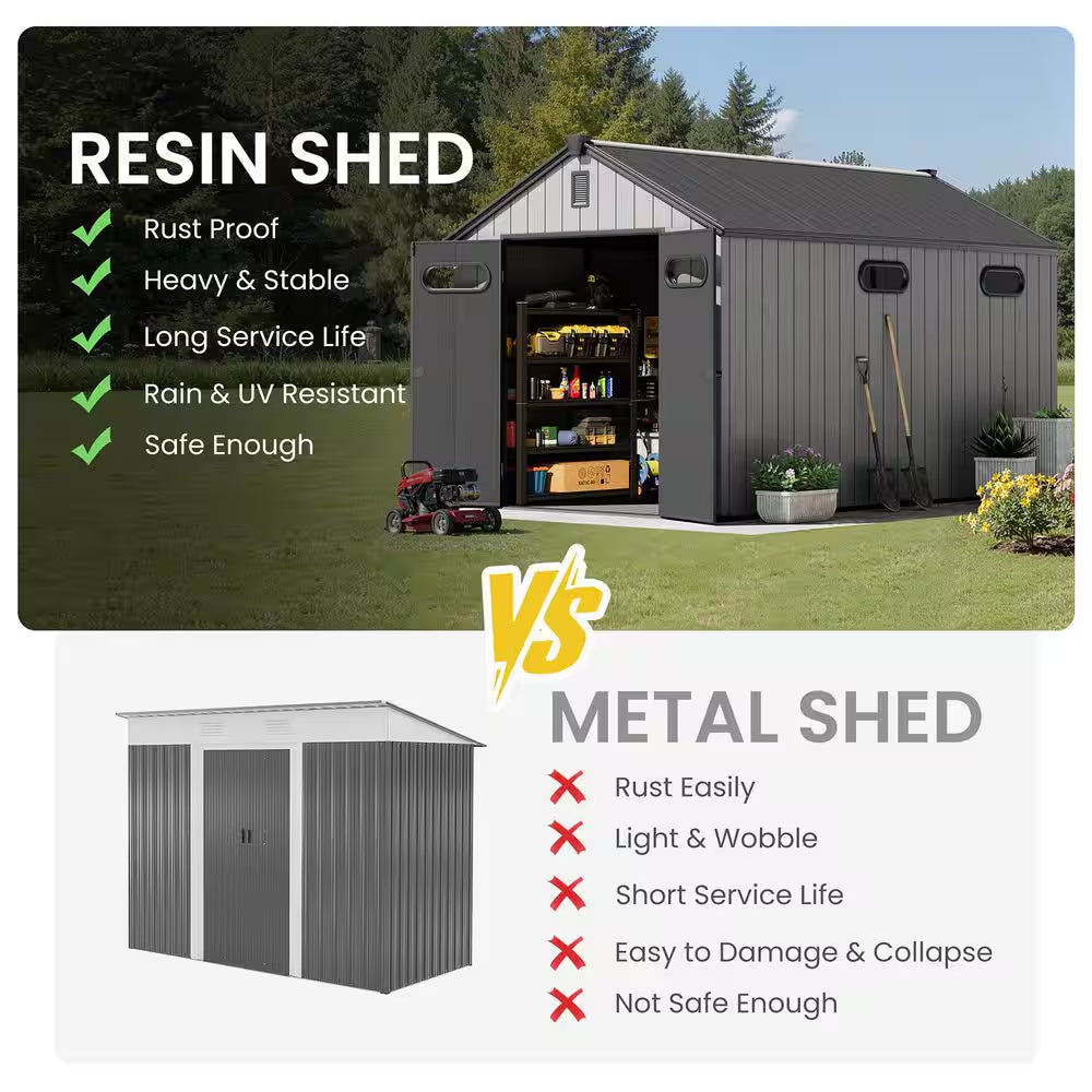 12 Ft. X 8 Ft. Resin Storage Shed with Floor All-Weather Plastic Garden Tool Shed with Windows 96 Sq. Ft. in Light Gray