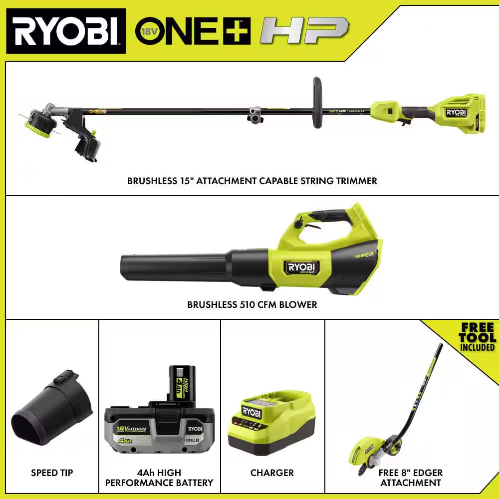 ONE+ HP 18V Brushless Cordless Attachment Capable 15" Trimmer and Blower Combo Kit W/ Edger, 4.0 Ah Battery & Charger