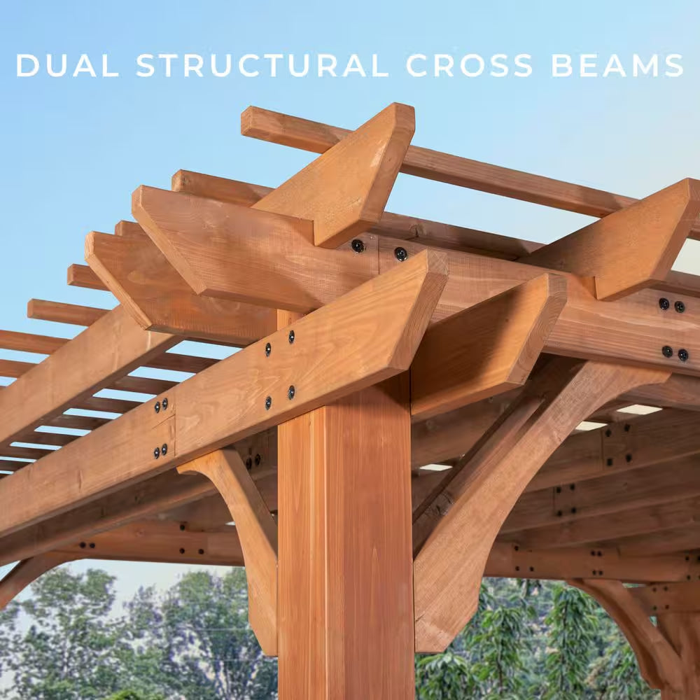 Beaumont 14 Ft. X 12 Ft. Light Brown Traditional Outdoor All Cedar Wood Patio Pergola Shade Structure with Electric
