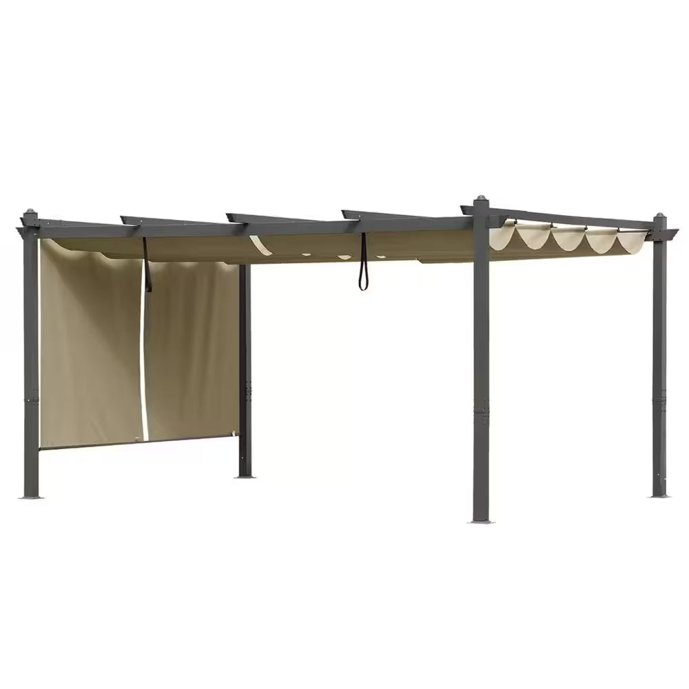 14 Ft. X 12 Ft. Gray Aluminum Frame Patio Pergola with Khaki Retractable Shade Top Canopy and 2-Pieces Roller Shade