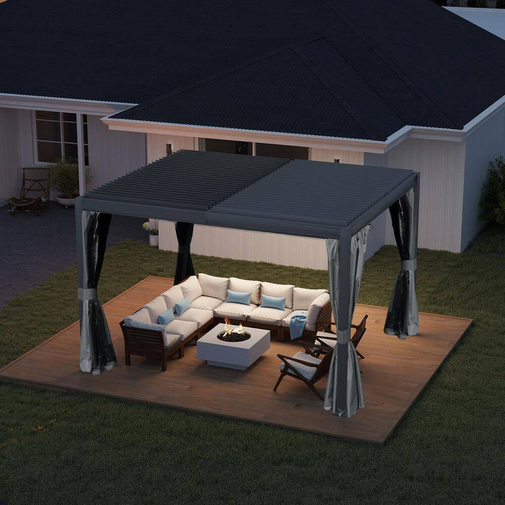 12 Ft. X 10 Ft. Aluminum Pergola with Louvered Roof and Drainage System, Gray