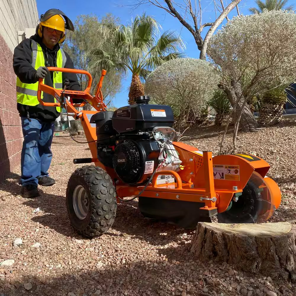 11 In. 14 HP Electric Start Commercial Kohler Gas Powered Stump Grinder with Extra Set of Teeth, Tow Bar, and Hour Meter