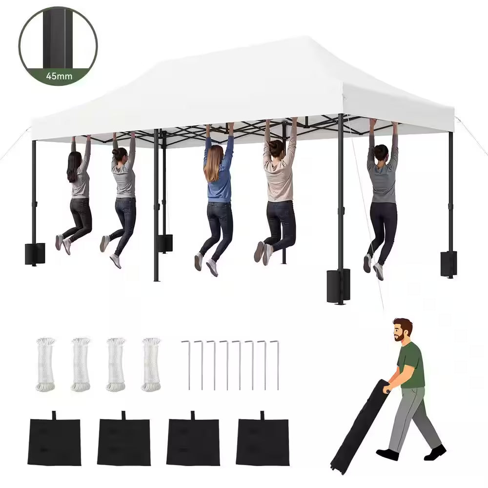 10 Ft. X 20 Ft. White Pop-Up Canopy Tent with Wind Ropes, Stakes and Sandbags, 3-Adjustable Height