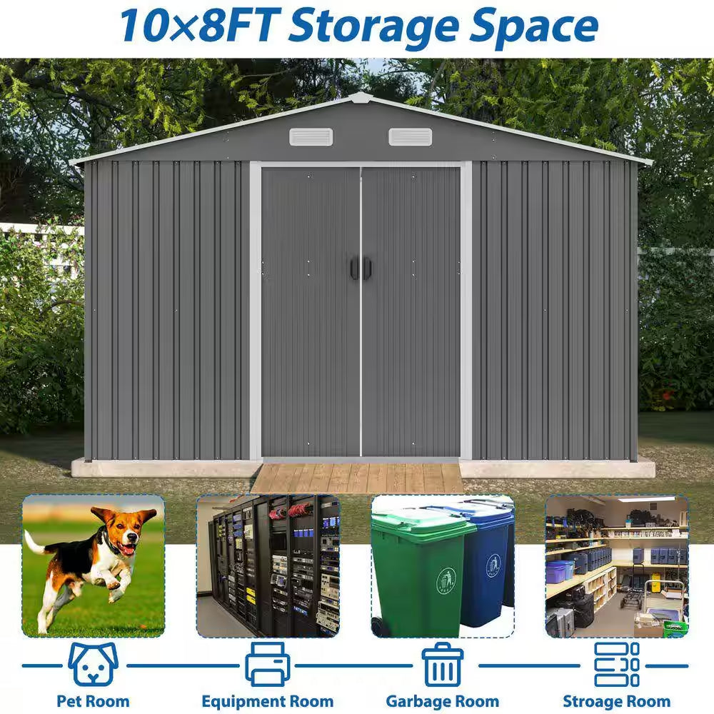 10 X 8' Outdoor Storage Shed, Metal Foundation & Lockable Doors, Tool Shed for Garden, Patio,Backyard Gray(78.78 Sq Ft.)