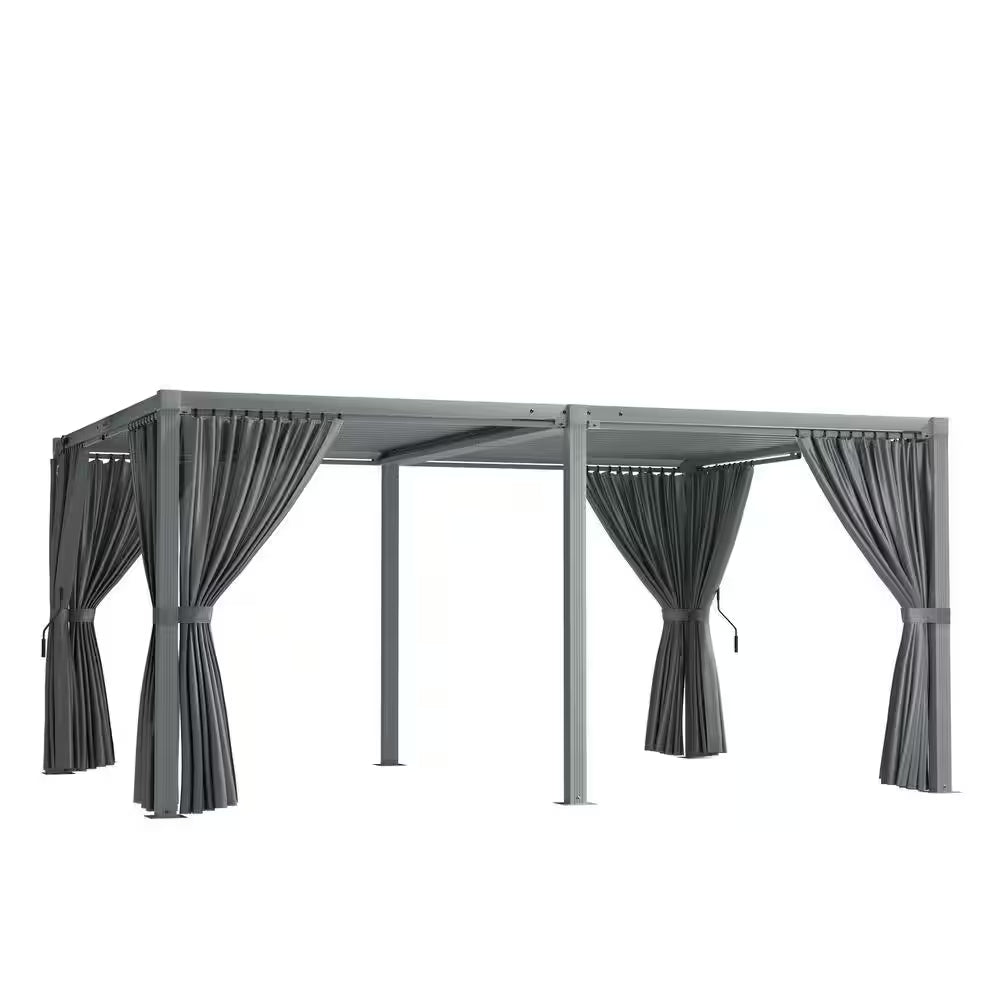 12 Ft. X 16 Ft. Gray Aluminum Louvered Pergola with Steel Roof and Curtains