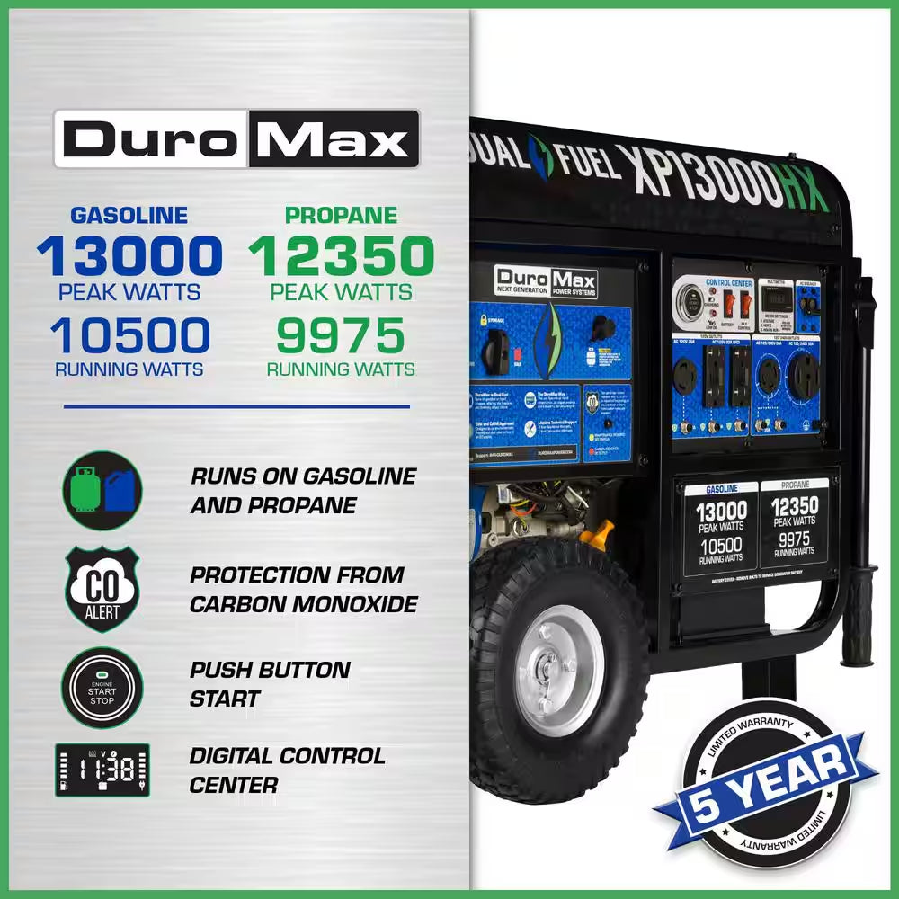 13000/10500-Watt Dual Fuel Electric Start Gasoline/Propane Portable Home Power Back up Generator with CO Alert Shutdown