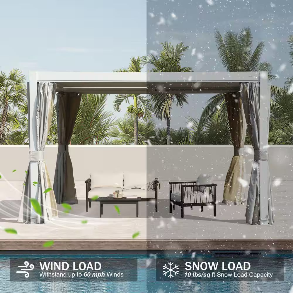 12 Ft. X 10 Ft. Aluminum Pergola with Louvered Roof and Drainage System, White