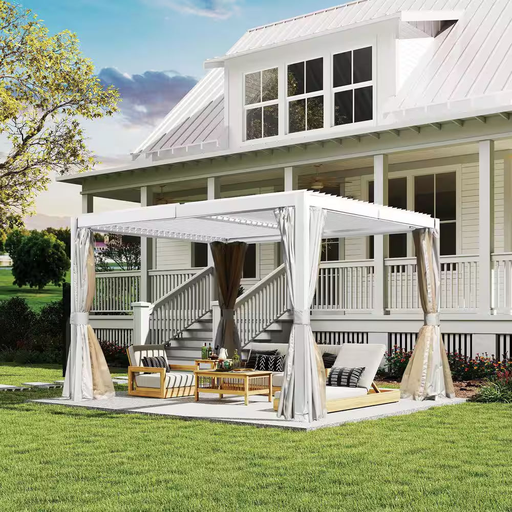 12 Ft. X 10 Ft. Aluminum Pergola with Louvered Roof and Drainage System, White
