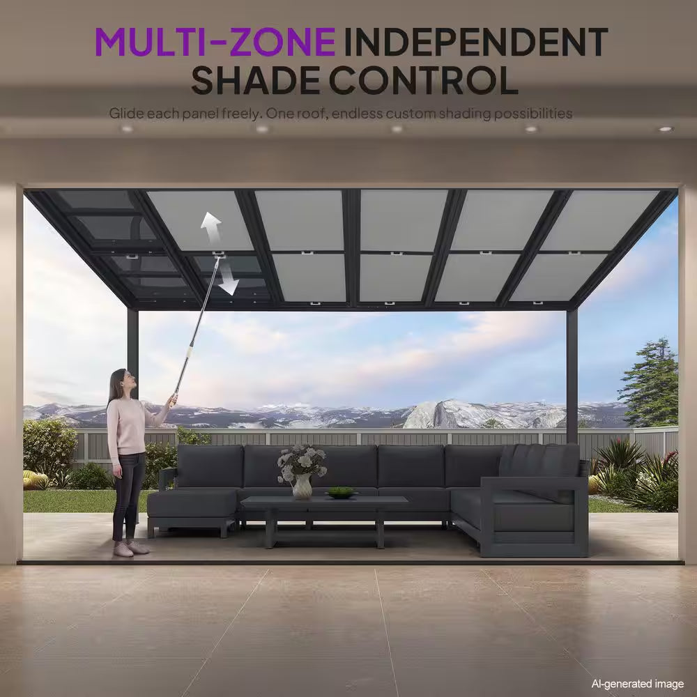 12 Ft. X 14 Ft. Gray Wall-Mounted Outdoor Pergola Aluminum Lean to Gazebo with PC Roof, LED Light and Retractable Canopy