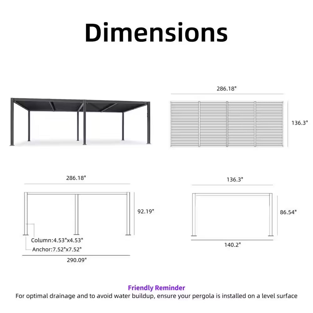 11.7 Ft. X 24.1 Ft. Gray Aluminum Outdoor Louvered Pergola with 4-Individual Adjustable Sunshade Roofs and LED Lights