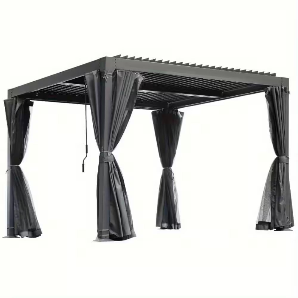 10 Ft. X 10 Ft. Outdoor Louvered Pergola with Curtains and Netting for Patio, Garden, Backyard, Dark Gray