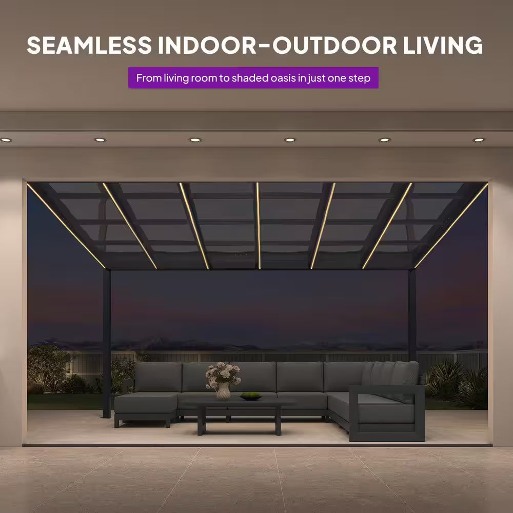 12 Ft. X 14 Ft. Gray Wall-Mounted Outdoor Pergola Aluminum Lean to Gazebo with PC Roof and IP67 LED Light