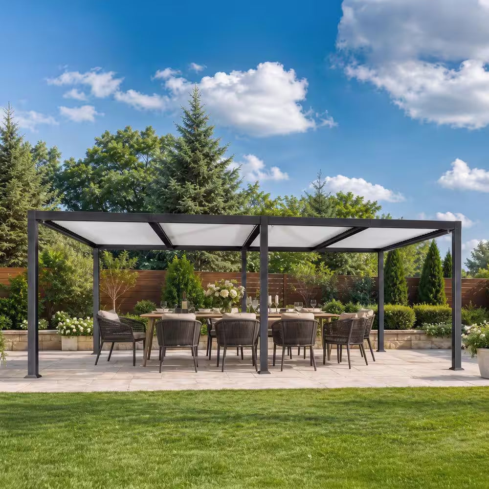 11.7 Ft. X 24.1 Ft. Gray Aluminum Outdoor Louvered Pergola with 4 White Individual Adjustable Roofs and In-Built Gutter