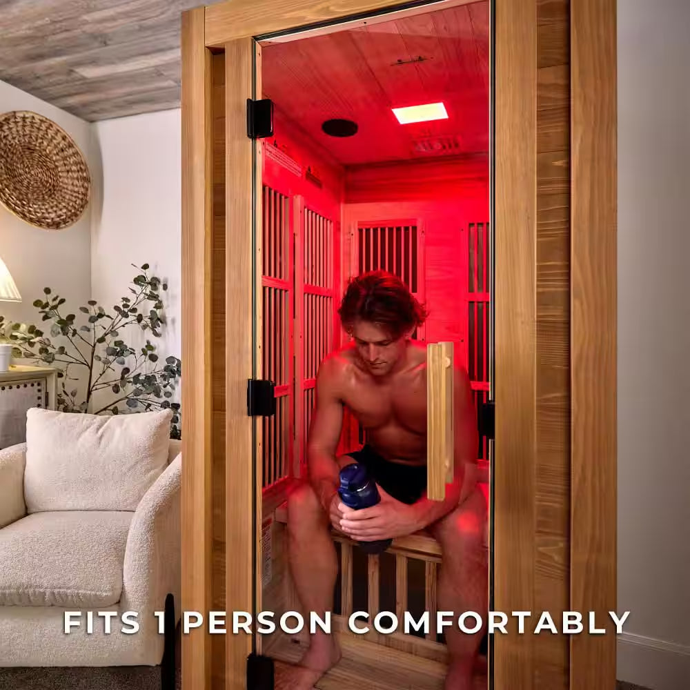 Rylan 1-Person Indoor Cedar Infrared Sauna with 8 Carbon Far-Infrared Heaters, Red Light Therapy and Chromotherapy