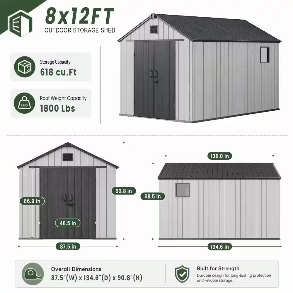 8 Ft. W X 12 Ft. D Resin Storage Shed with Double Doors, Window and Gable Vent 96 Sq. Ft.