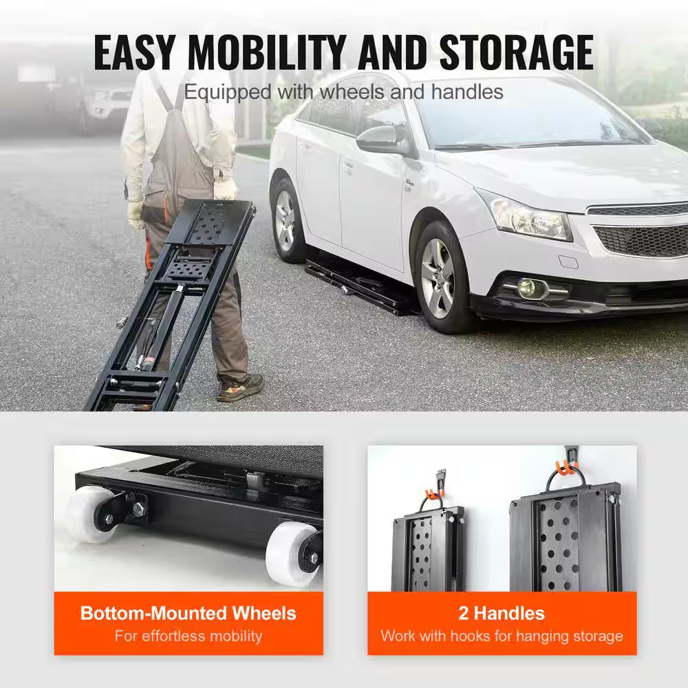 Car Lift, 25. 6 In. Max. Height, 5,000Lbs. Capacity Portable Car Lift, Extended-Length Plates, Heavy-Duty Carbon Steel