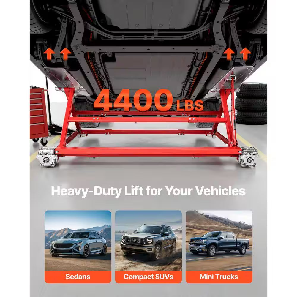Portable Car Lift 4400 Lbs. Capacity, Durable Steel Construction with 23 In. Max Height, Adjustable Width and Wheels