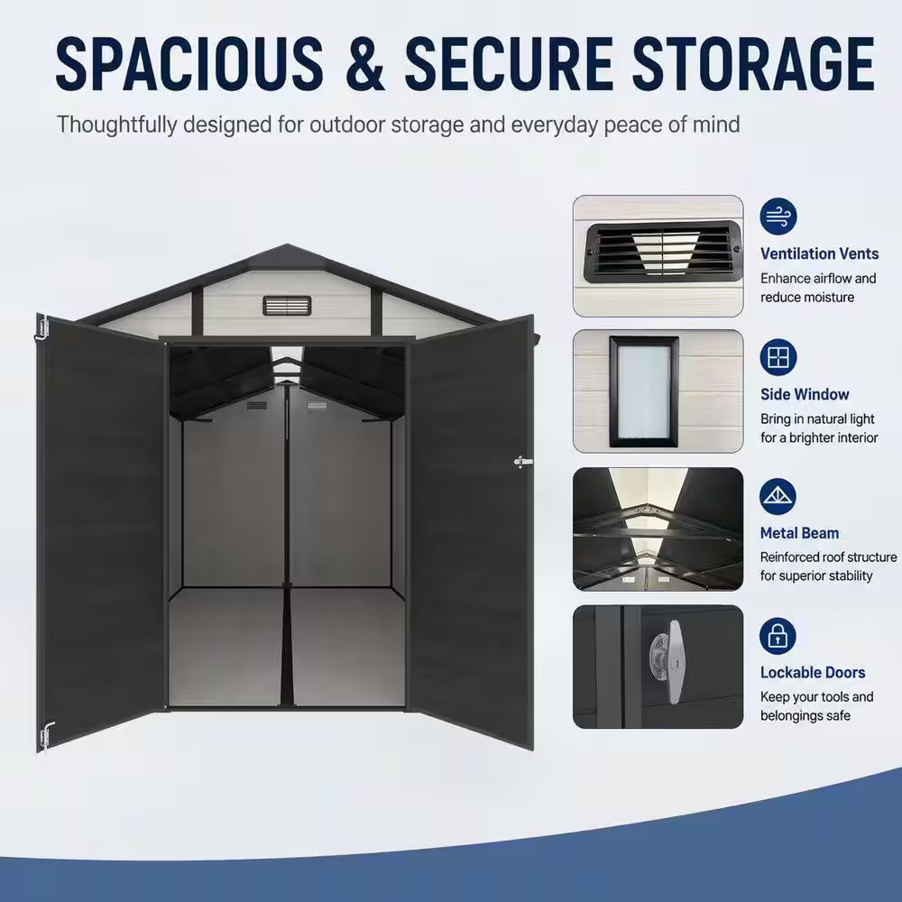 8X10 FT Plastic Outdoor Storage Shed, Lockable Resin Tool Shed with Window and Floor, Beige (80 Sq. Ft.)