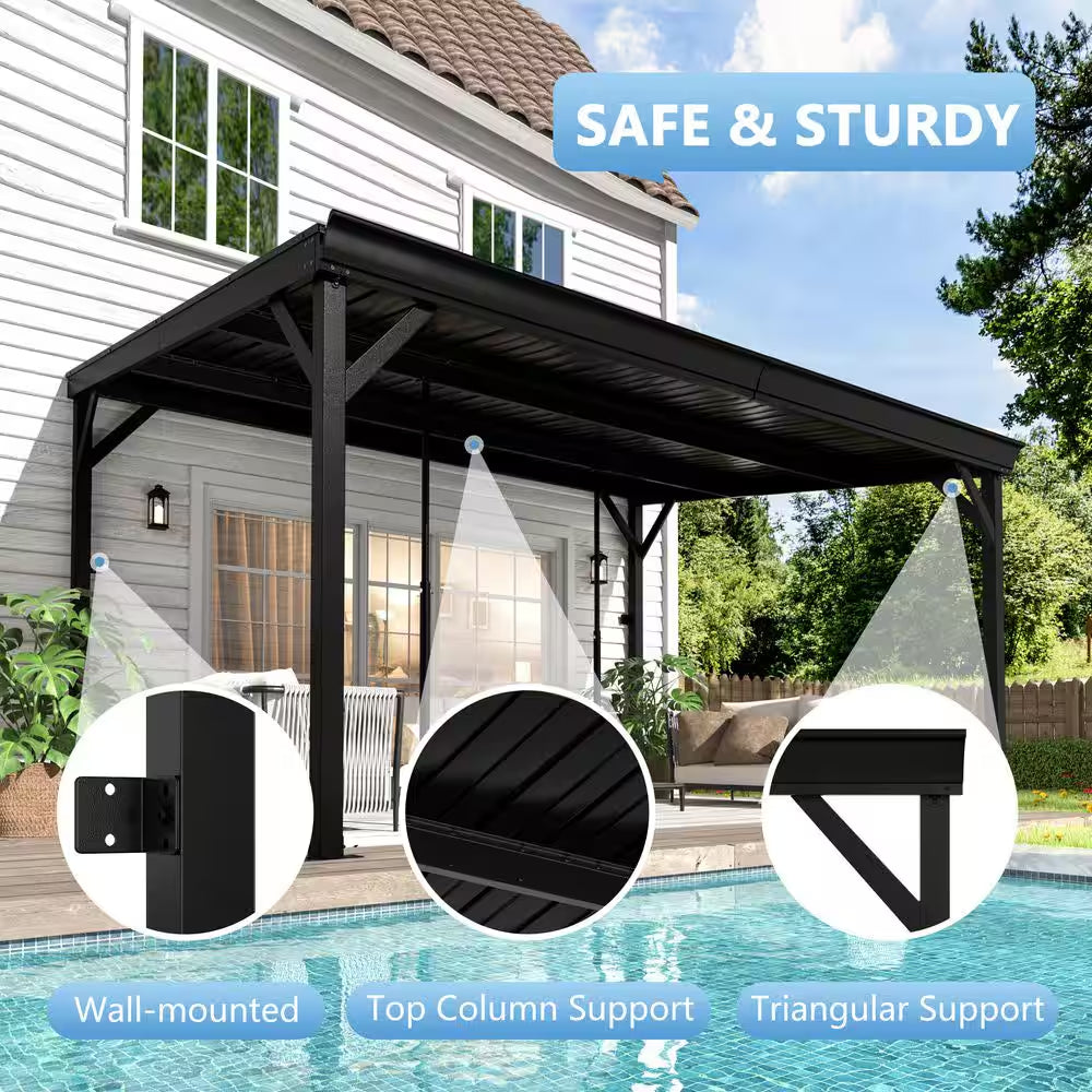 14 Ft. X 10 Ft. Metal Patio Covers with Sloped Roof Wall-Mount Gazebo Pergola