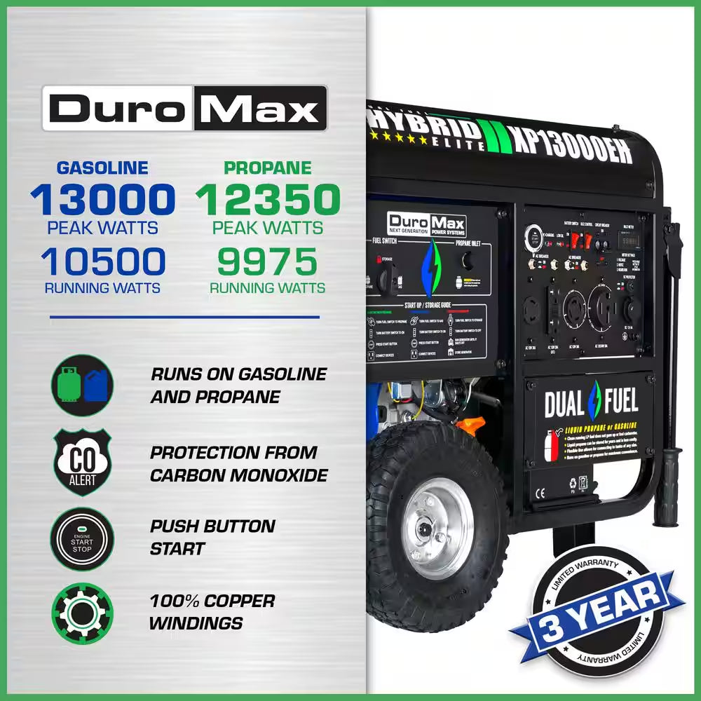 13000/10500-Watt Dual Fuel Electric Start Gasoline/Propane Portable Home Power Back up Generator with CO Alert Sensor