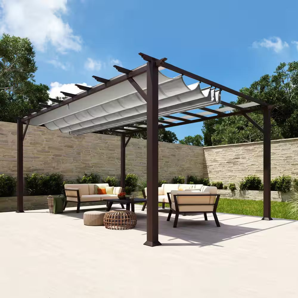 Florence 11 Ft. X 16 Ft. Aluminum Frame Pergola with Chilean Ipe Wood Structure and a Gray Canopy