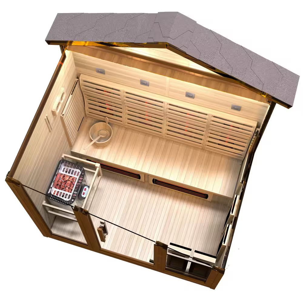 4-Person Infrared and Electric Heater Outdoor Red Cedar and Hemlock Wood Sauna with Wet/Dry Use, Touch Pad Controller