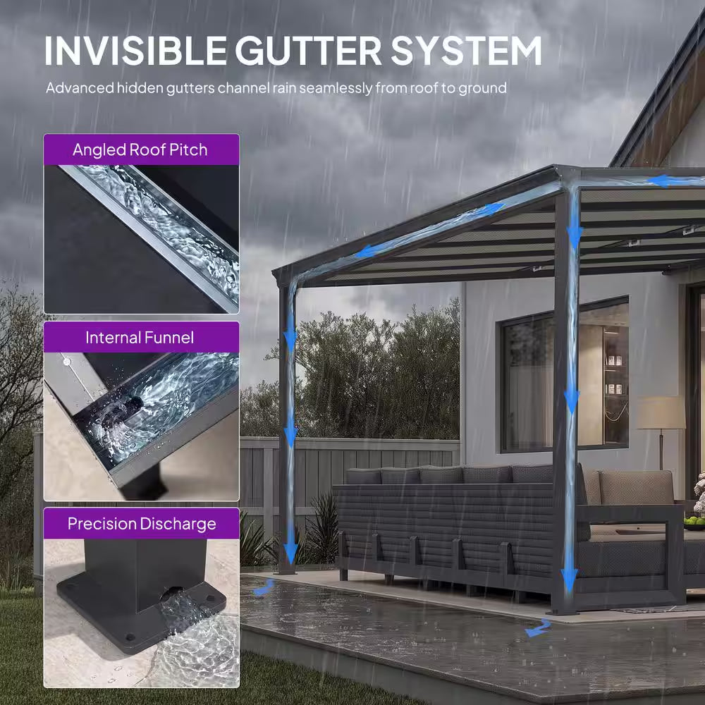 12 Ft. X 14 Ft. Gray Wall-Mounted Outdoor Pergola Aluminum Lean to Gazebo with PC Roof and Retractable Canopy