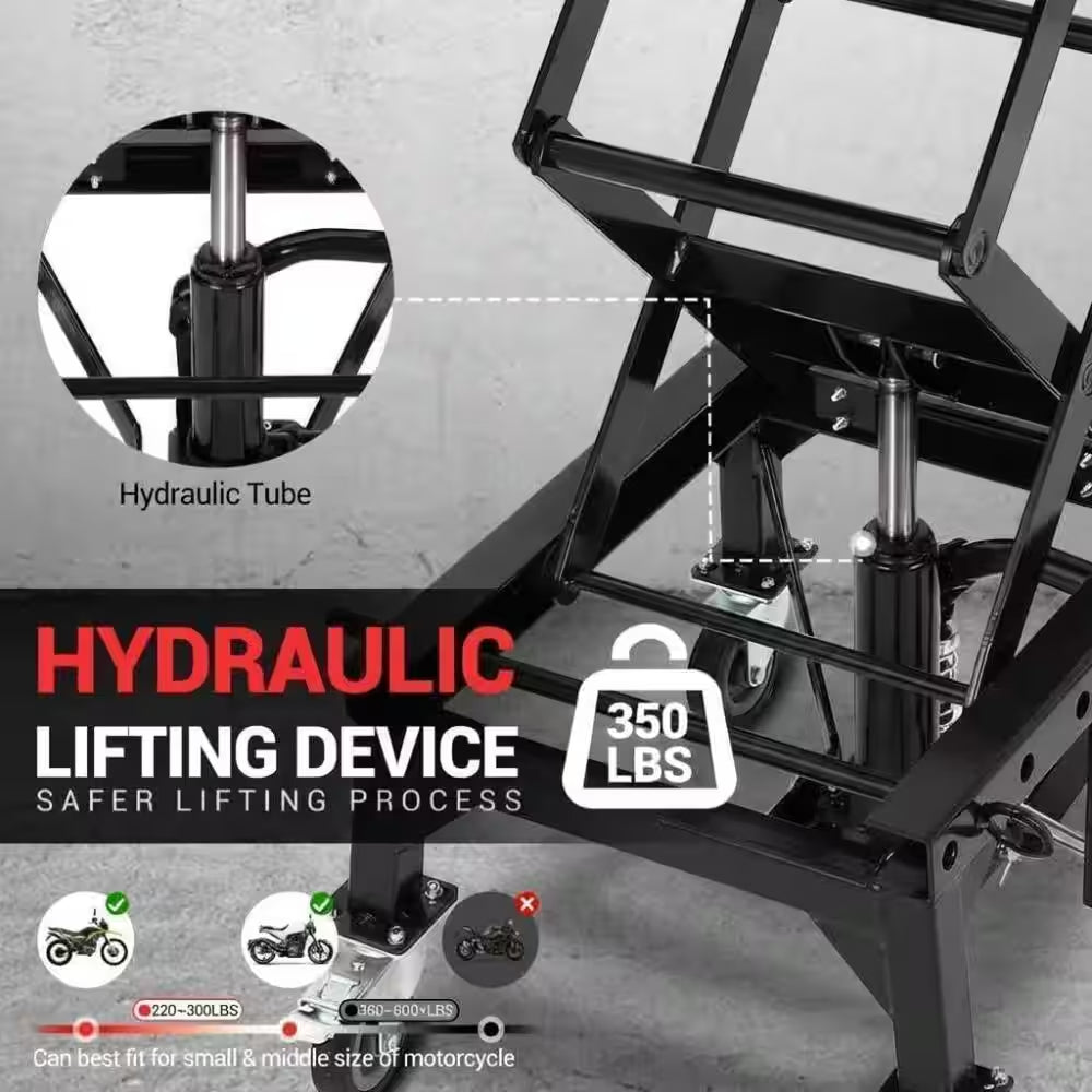 350 Lbs Hydraulic Motorcycle Lift Jack, Black Foot-Operated Scissor Lift with Wide Deck & Safety Lock for ATV Dirt Bike