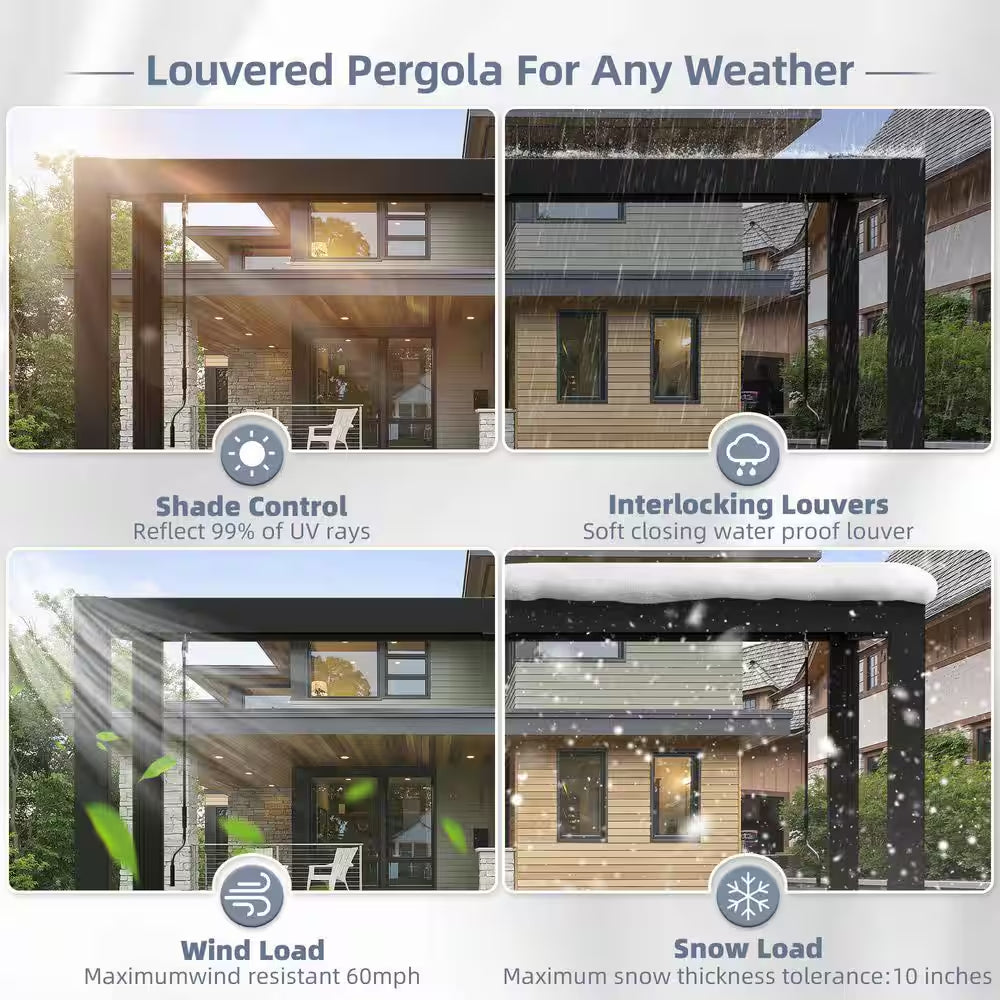 10 Ft. X 12 Ft. Black Aluminum Outdoor Louvered Pergola with Water-Tight Adjustable Roof