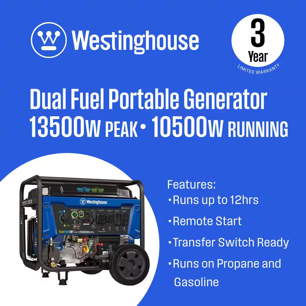 13,500/10,500-Watt Remote Electric Start Dual Fuel Gas and Propane Portable Generator W/ 50A Outlet, CO Sensor