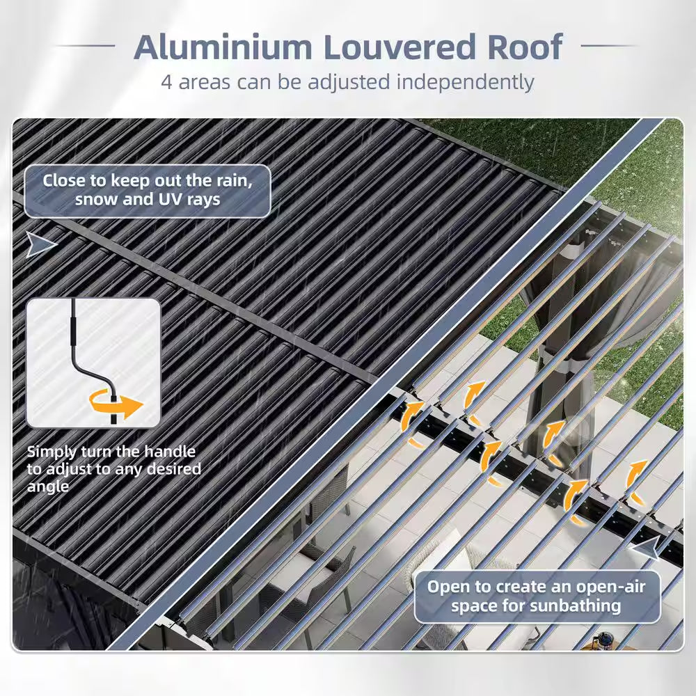 20 Ft. W X 12 Ft. D Aluminum Pergola with Adjustable Louvered Roof, Waterproof Curtains and Nets
