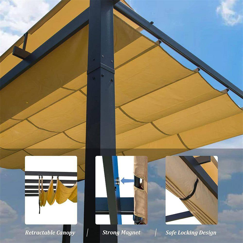 9 Ft. X 13 Ft. Outdoor Retractable Gazebo Pergola with Weather Resistant Sun Shade Canopy in Dark Gray