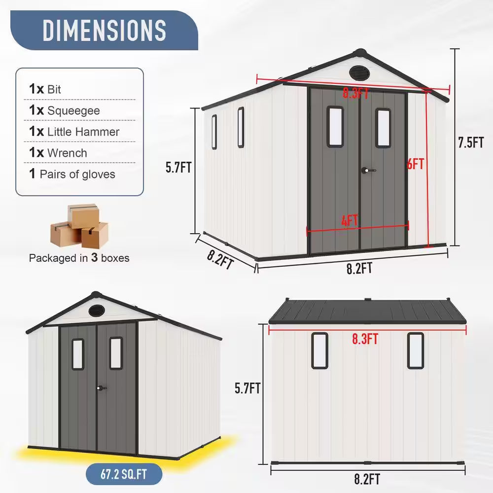 8 Ft. W X 8 Ft. D Outdoor Storage Resin Garden Shed for Backyard Outdoor (64 Sq. Ft. )
