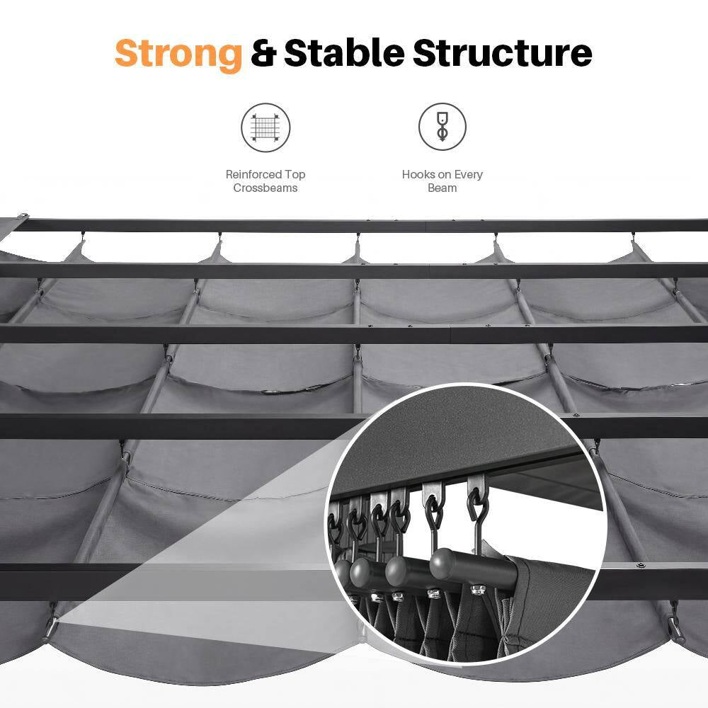 10 Ft. X 13 Ft. Grey Aluminum Outdoor Pergola with Grey Retractable Sun Shade Canopy