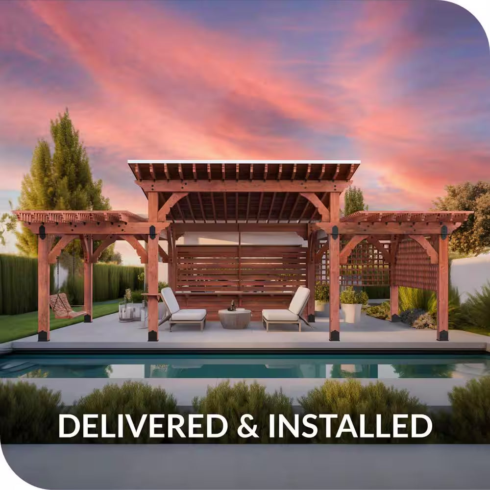 Pro Installed Meridian 32 Ft. X 16 Ft. Natural Heavy Timber 3-Tier Outdoor Patio Shade Pergola-Solid Roof Construction