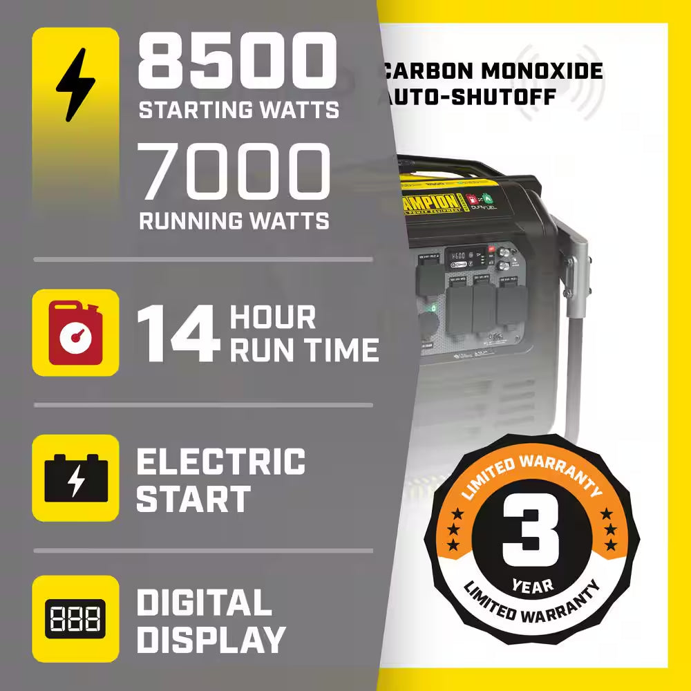 8500/7000-Watt Electric Start Gas, Propane Dual Fuel Inverter Generator and Free 3-Year Warranty, Home Backup
