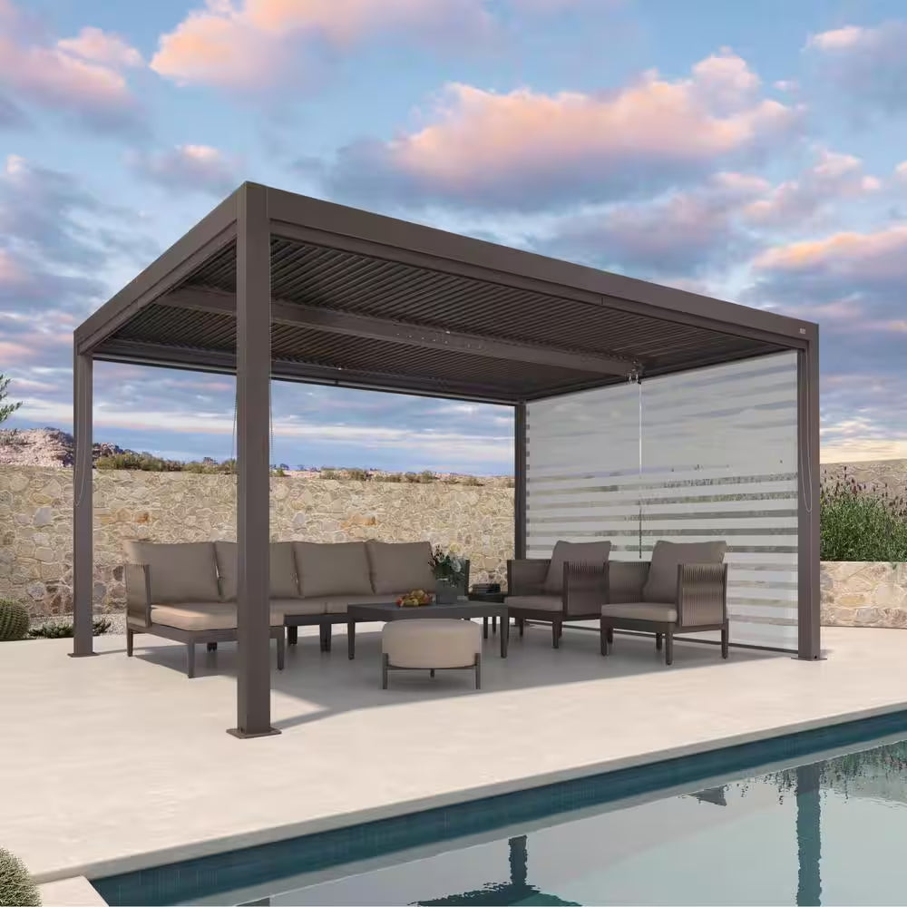12 Ft. X 14 Ft. Bronze Aluminum Frame Louvered Pergola with Individual Adjustable Roofs and 1-Short Side Roller Shades