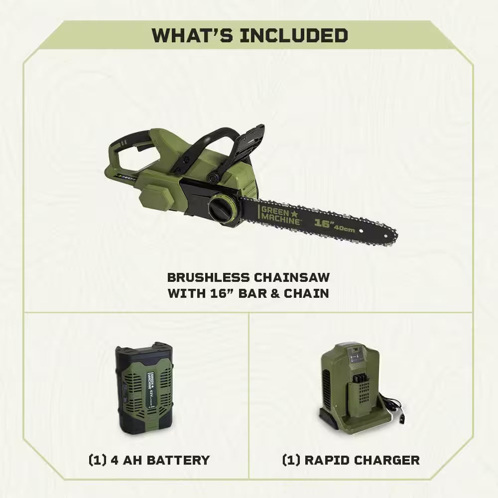 62V Brushless 16 In. Battery Chainsaw Auto-Tensioning System, Easy Trigger Start with 4 Ah Battery and Charger