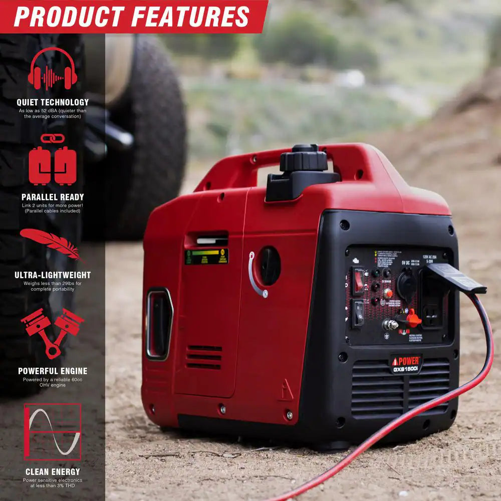 1500-Watt Recoil Start Gasoline Powered Ultra-Light Inverter Generator with 60Cc OHV Engine and CO Sensor Shutdown