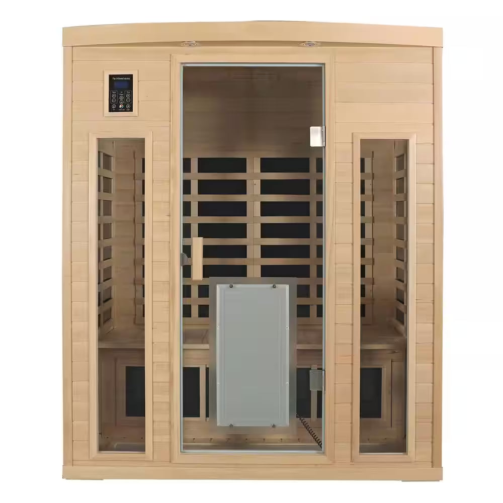 3-Person Natural Wood Far Infrared Hemlock Wood Sauna Room with LED Reading Light