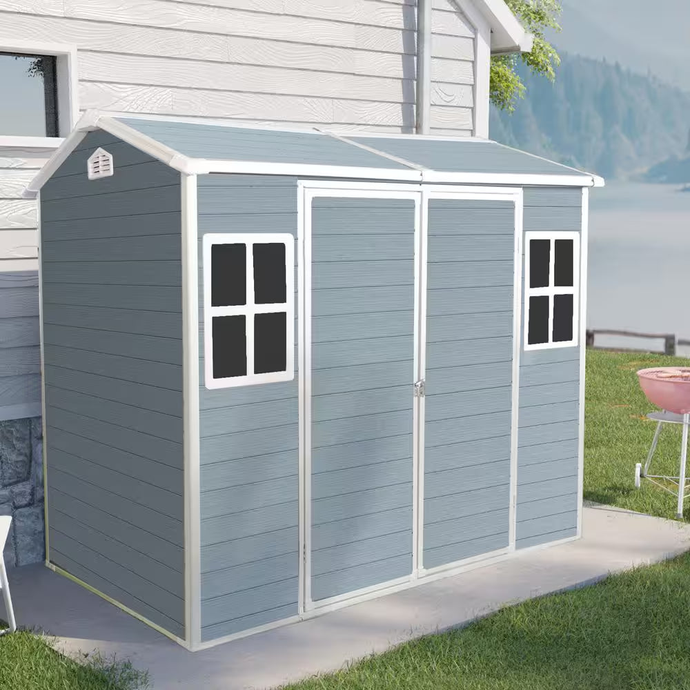 8 Ft. W X 4 Ft. D Gray Resin Outdoor Storage Shed with 2-Windows and Door, Plastic Shed with Floor (32 Sq. Ft.)