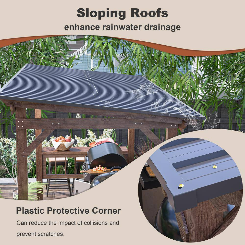 13 Ft. X 6.5 Ft. Brown Wooden Pergola Grill Gazebo with Metal Roof and Bulbs and Bar Counters