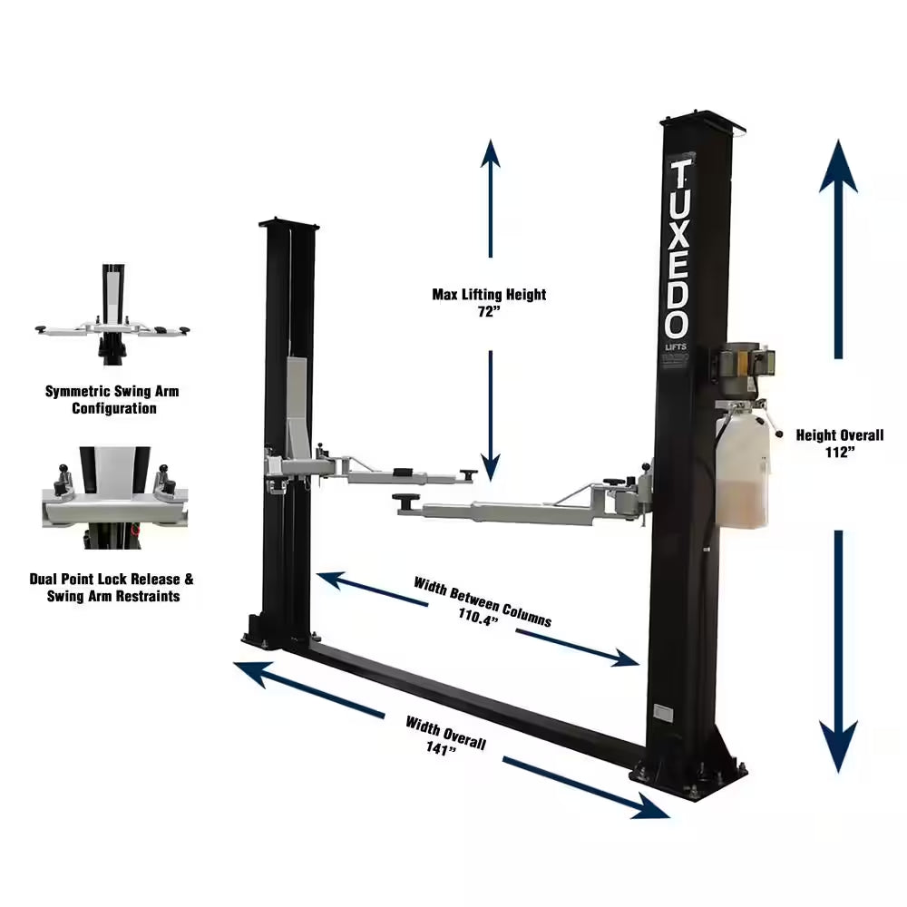 Symmetric 2 Post Car Lift 9,000 Lbs. Capacity Heavy Duty in Black