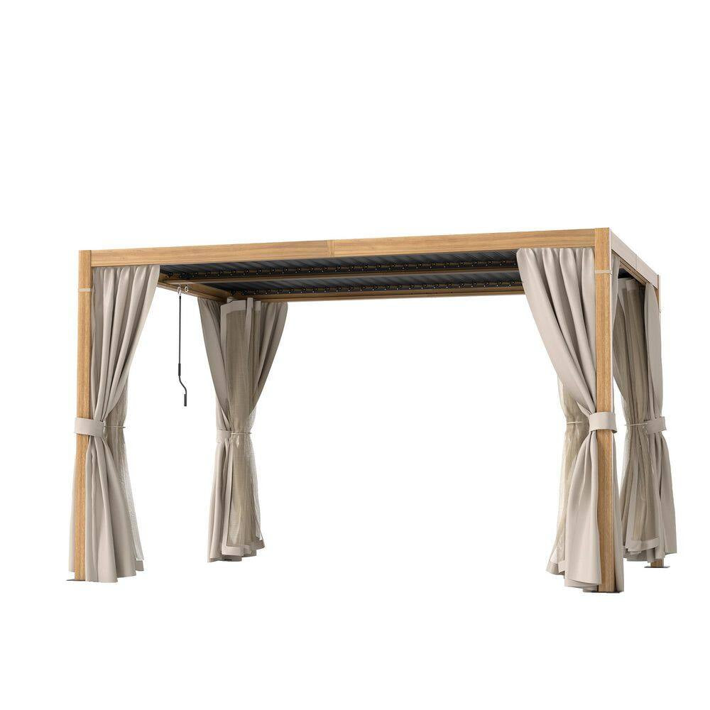10 Ft. X 13 Ft. Wood Grain Aluminum Louvered Pergola with Adjustable Roof and Khaki Curtains