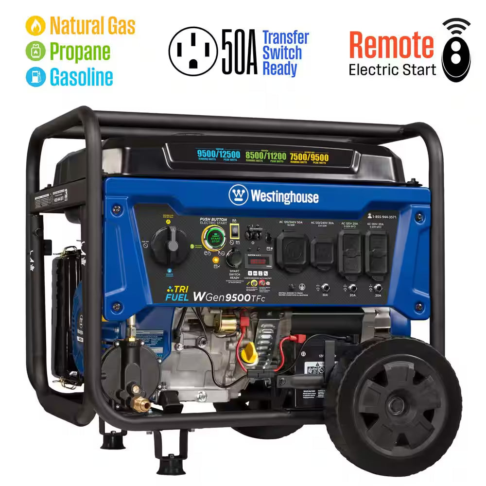 12,500/9,500-Watt Remote Electric Start Dual Fuel Gas and Propane Powered Portable Generator W/ 50 Amp Outlet, CO Sensor