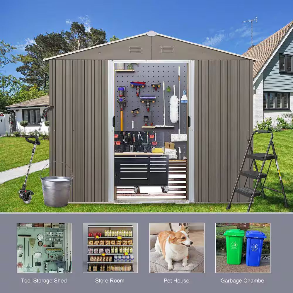 8 Ft.W X 10 Ft.D Outdoor Metal Storage Shed, Tool House with Metal Foundation for Patio, Yard, Lawn, Gray (77 Sq. Ft.)